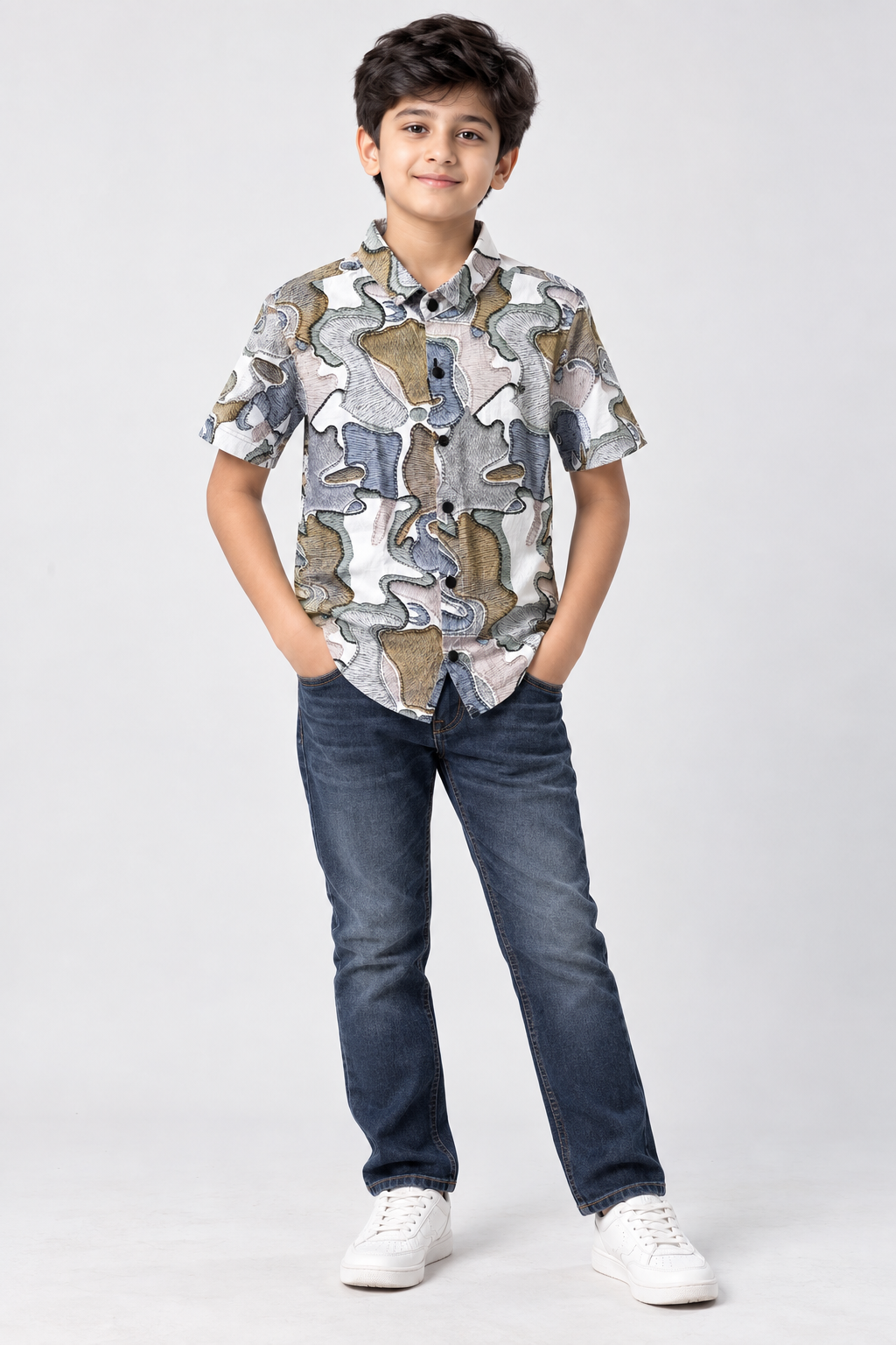 Boys’ Premium Abstract Print Short Sleeve Shirt | Multi-Colour Designer Casual Button-Down Shirt