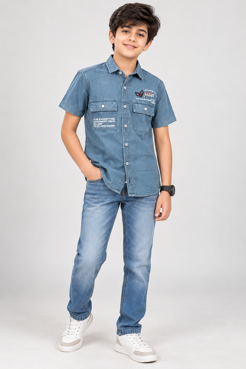 Boys’ Premium Denim Blue Short Sleeve Shirt | Dual Utility Pocket Casual Shirt with Graphic Detailing