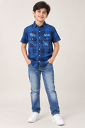 Boys’ Premium Blue Checkered Short Sleeve Shirt | Dual Pocket Printed Casual Shirt for Kids