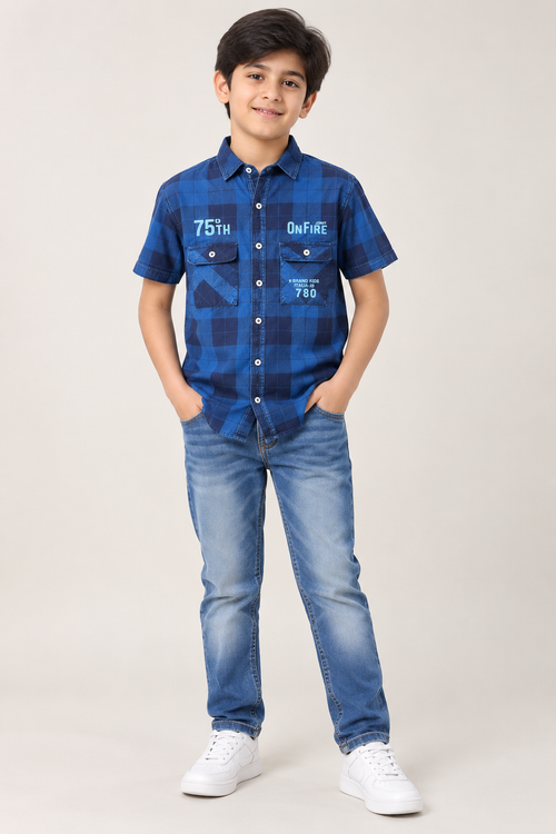 Boys’ Premium Blue Checkered Short Sleeve Shirt | Dual Pocket Printed Casual Shirt for Kids
