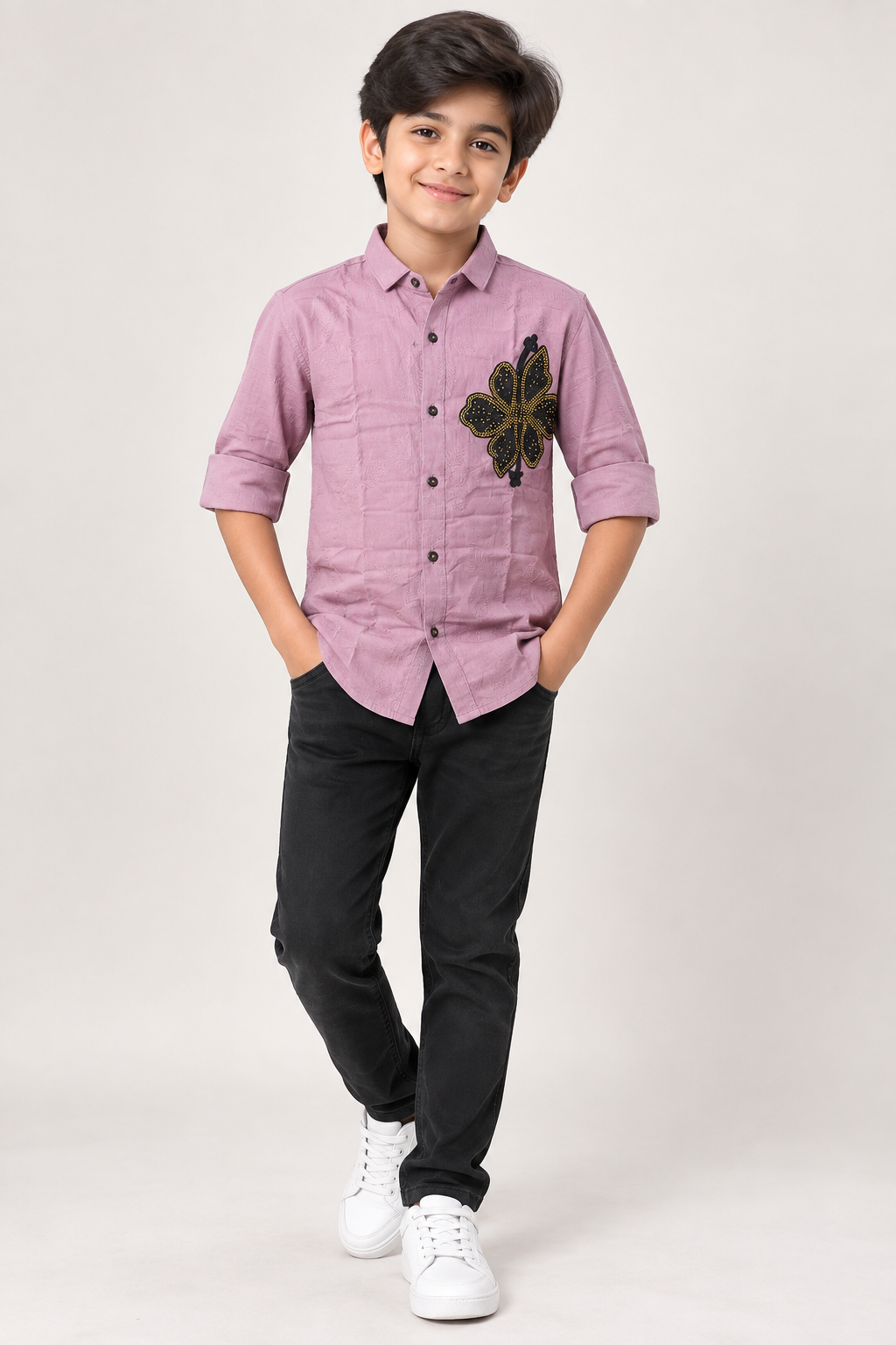Boys’ Premium Dusty Pink Butterfly Embroidered Shirt | Stylish Full Sleeve Roll-Up Party & Casual Shirt