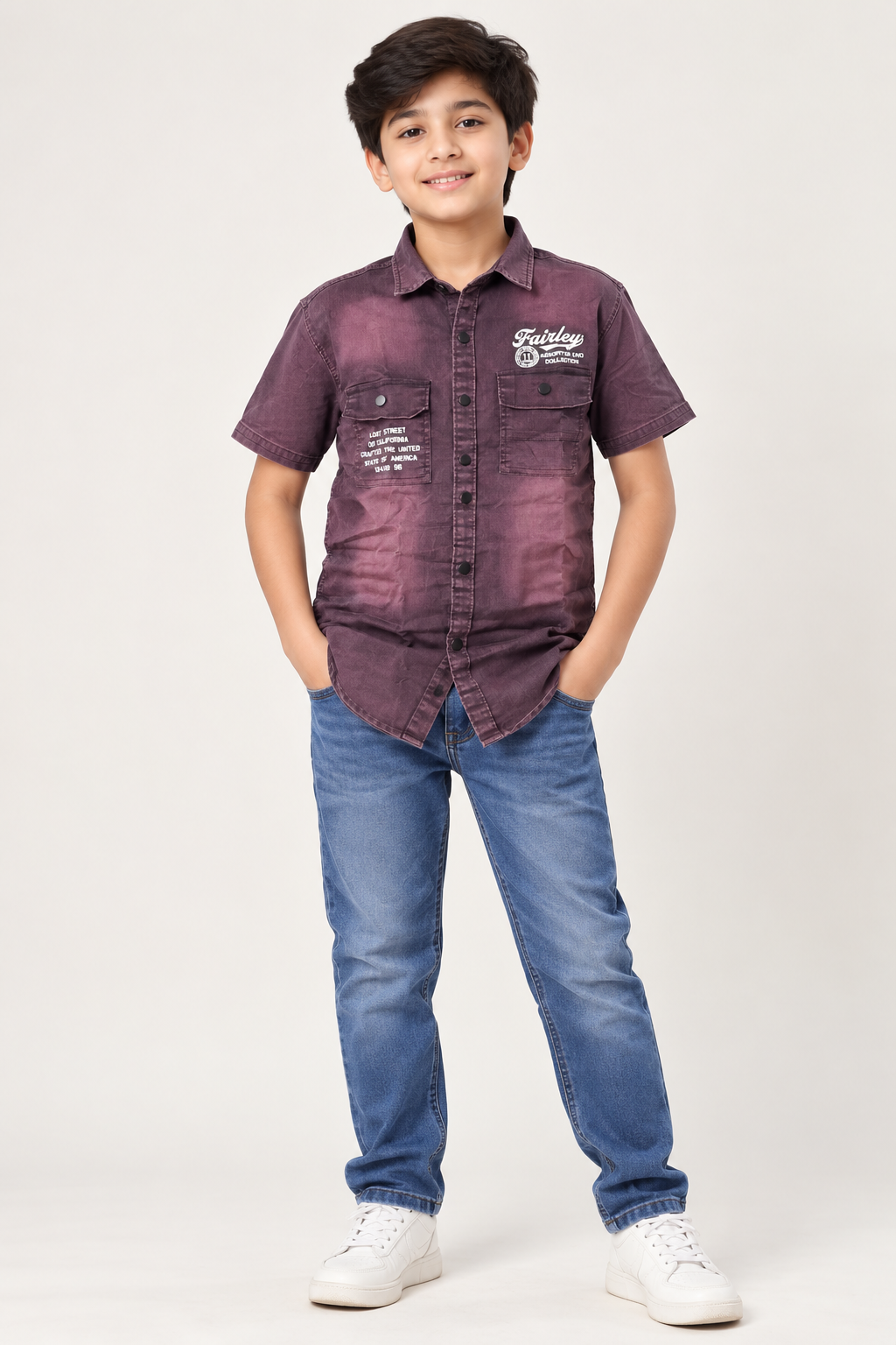 Boys’ Premium Plum Purple Washed Shirt | Half Sleeve Utility Casual Shirt with Dual Pockets