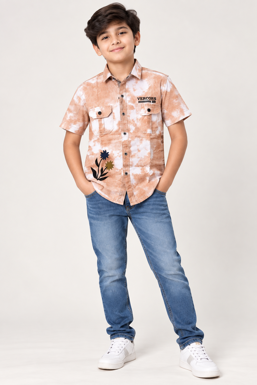 Boys’ Premium Peach Washed Printed Shirt | Stylish Half Sleeve Casual Shirt with Dual Flap Pockets