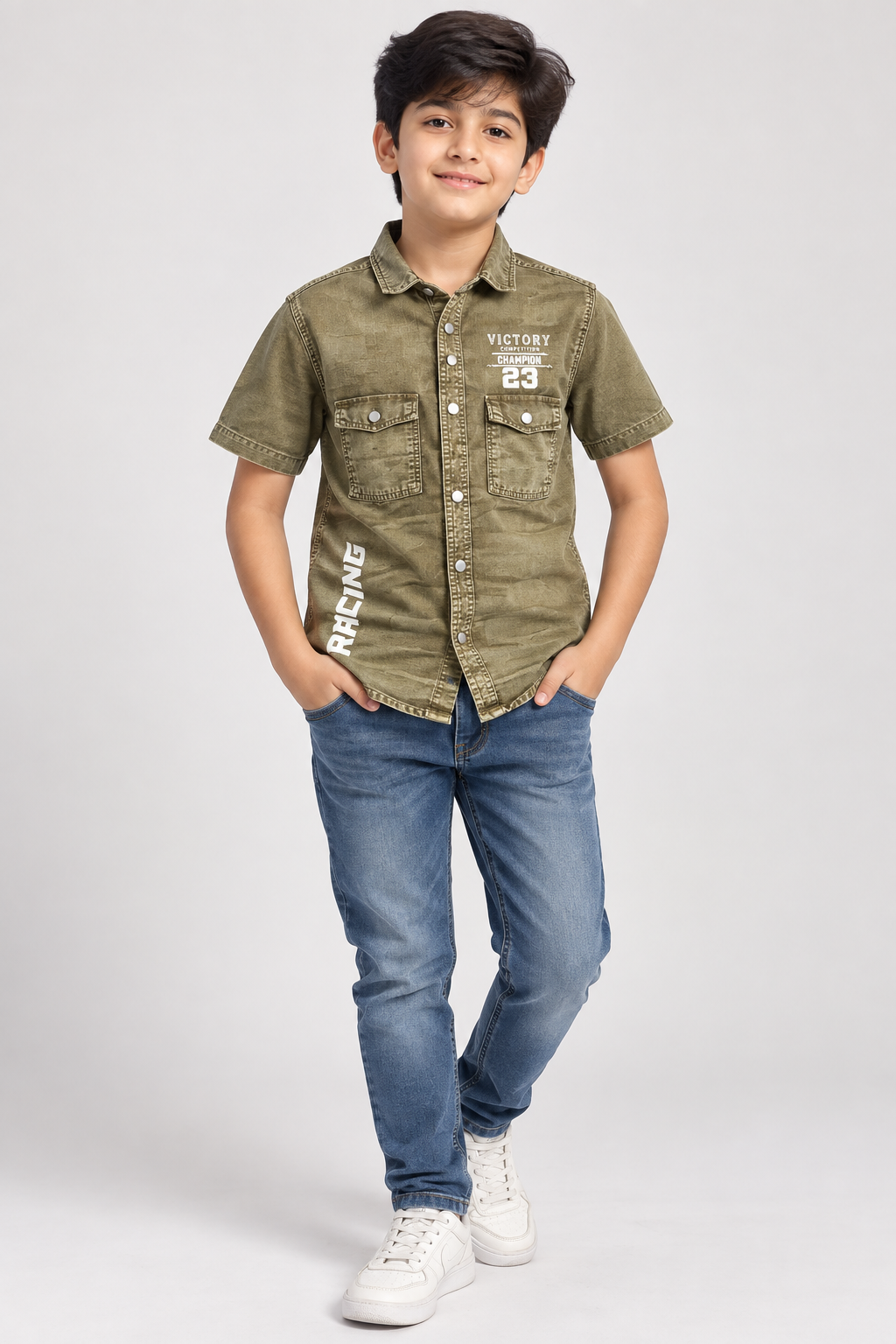 Boys’ Premium Olive Green Washed Denim Shirt | Half Sleeve Casual Shirt with Dual Utility Pockets