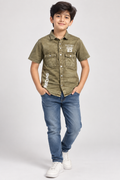 Boys’ Premium Olive Green Washed Denim Shirt | Half Sleeve Casual Shirt with Dual Utility Pockets