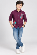 Boys’ Premium Wine Maroon Floral Embroidered Shirt | Stylish Full Sleeve Casual Party Shirt