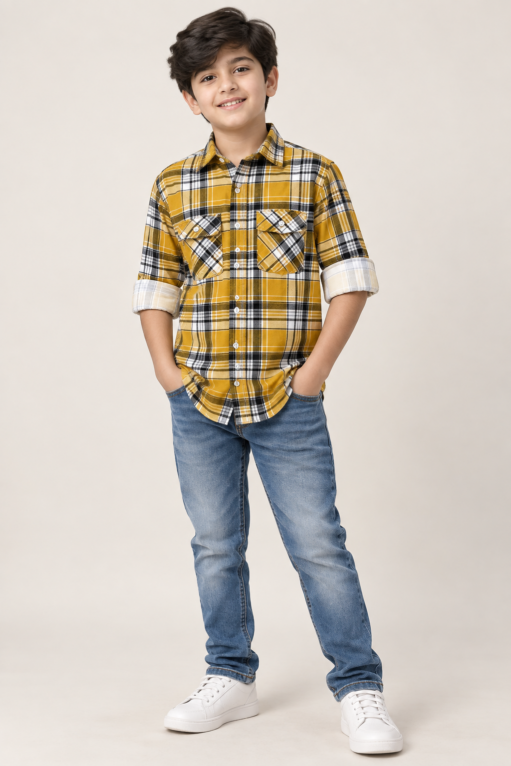 Boys’ Premium Mustard Yellow Checked Shirt | Stylish Full Sleeve Roll-Up Casual Shirt with Dual Pockets
