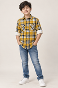 Boys’ Premium Mustard Yellow Checked Shirt | Stylish Full Sleeve Roll-Up Casual Shirt with Dual Pockets