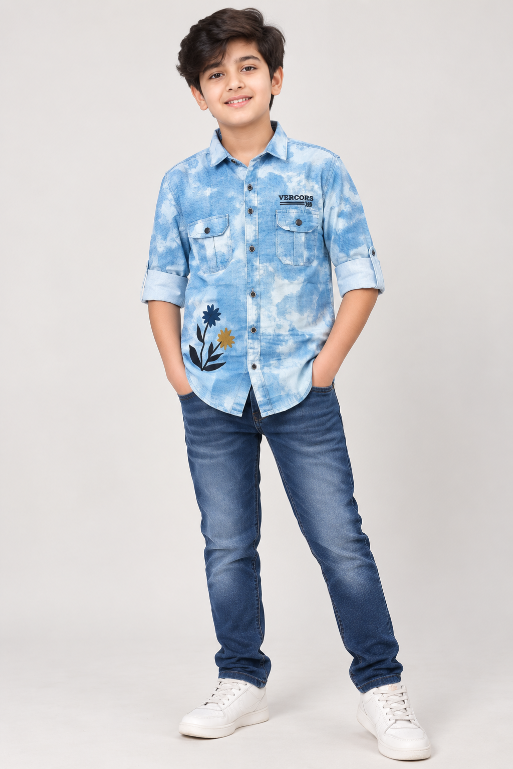Boys’ Premium Sky Blue Printed Denim Shirt | Full Sleeve Roll-Up Casual Shirt with Dual Pockets & Floral Detail