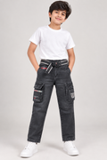 Boys’ Premium Black Cargo Jeans | Multi-Pocket Utility Denim with Statement Belt