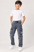 Boys’ Premium Charcoal Grey Cargo Jeans | Multi-Pocket Utility Denim with Stylish Belt