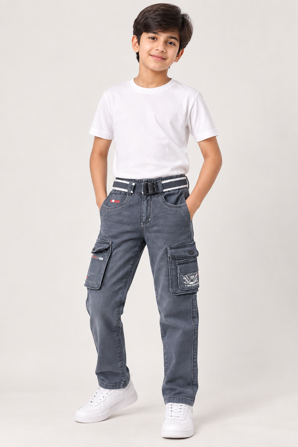 Boys’ Premium Charcoal Grey Cargo Jeans | Multi-Pocket Utility Denim with Stylish Belt