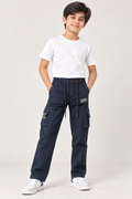 Boys’ Premium Navy Blue Cargo Pants | Multi-Pocket Utility Trousers with Drawstring Waist