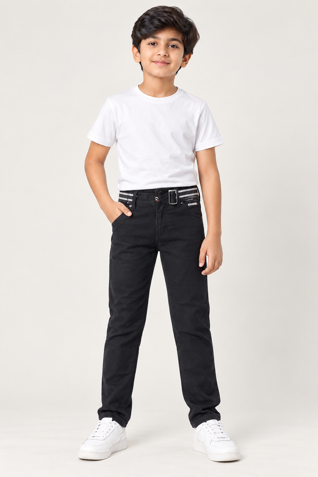 Boys’ Premium Black Straight-Fit Jeans | Classic Denim Pants with Stylish Belt Detail