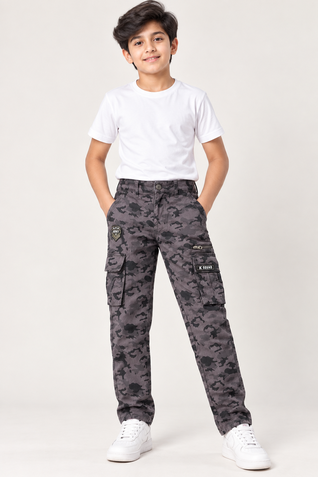 Boys’ Premium Grey Camouflage Cargo Pants | Multi-Pocket Utility Trousers with Army-Inspired Print