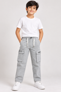 Boys’ Premium Light Grey Cargo Pants | Relaxed Fit Multi-Pocket Utility Trousers with Drawstring Waist