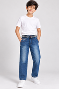 Boys’ Premium Blue Washed Straight Fit Jeans | Classic Denim with Striped Belt | Stylish Casual Jeans for Kids