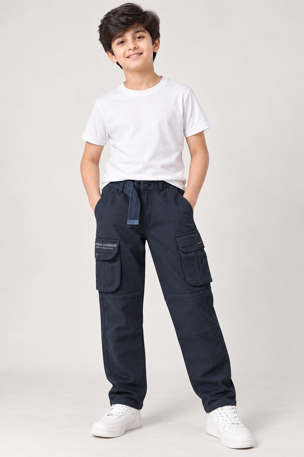 Boys’ Premium Navy Blue Cargo Pants | Multi-Pocket Utility Trousers with Belt | Relaxed Fit Casual Pants