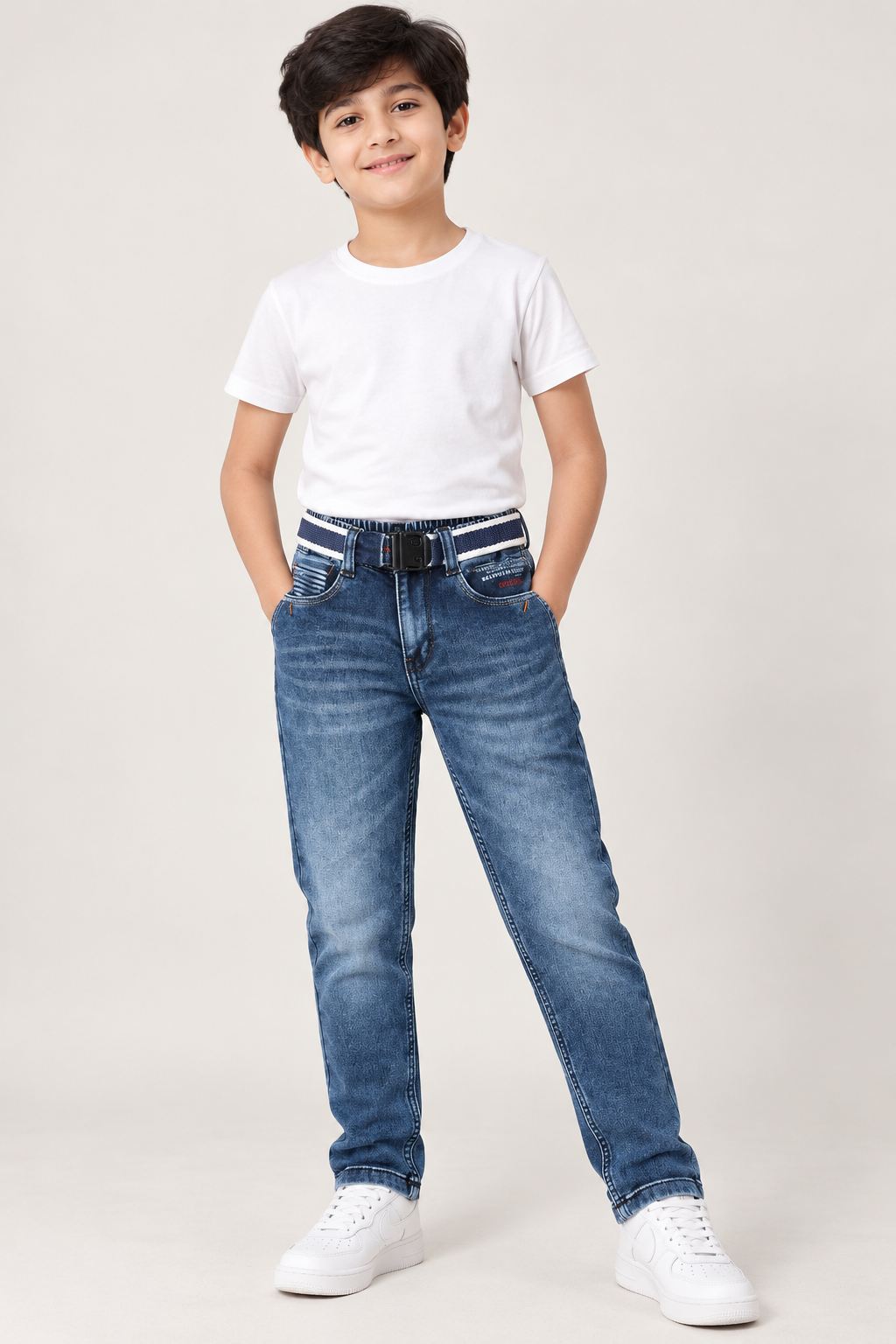 Boys’ Premium Mid-Blue Washed Jeans | Straight Fit Denim with Belt | Stylish Everyday Casual Jeans