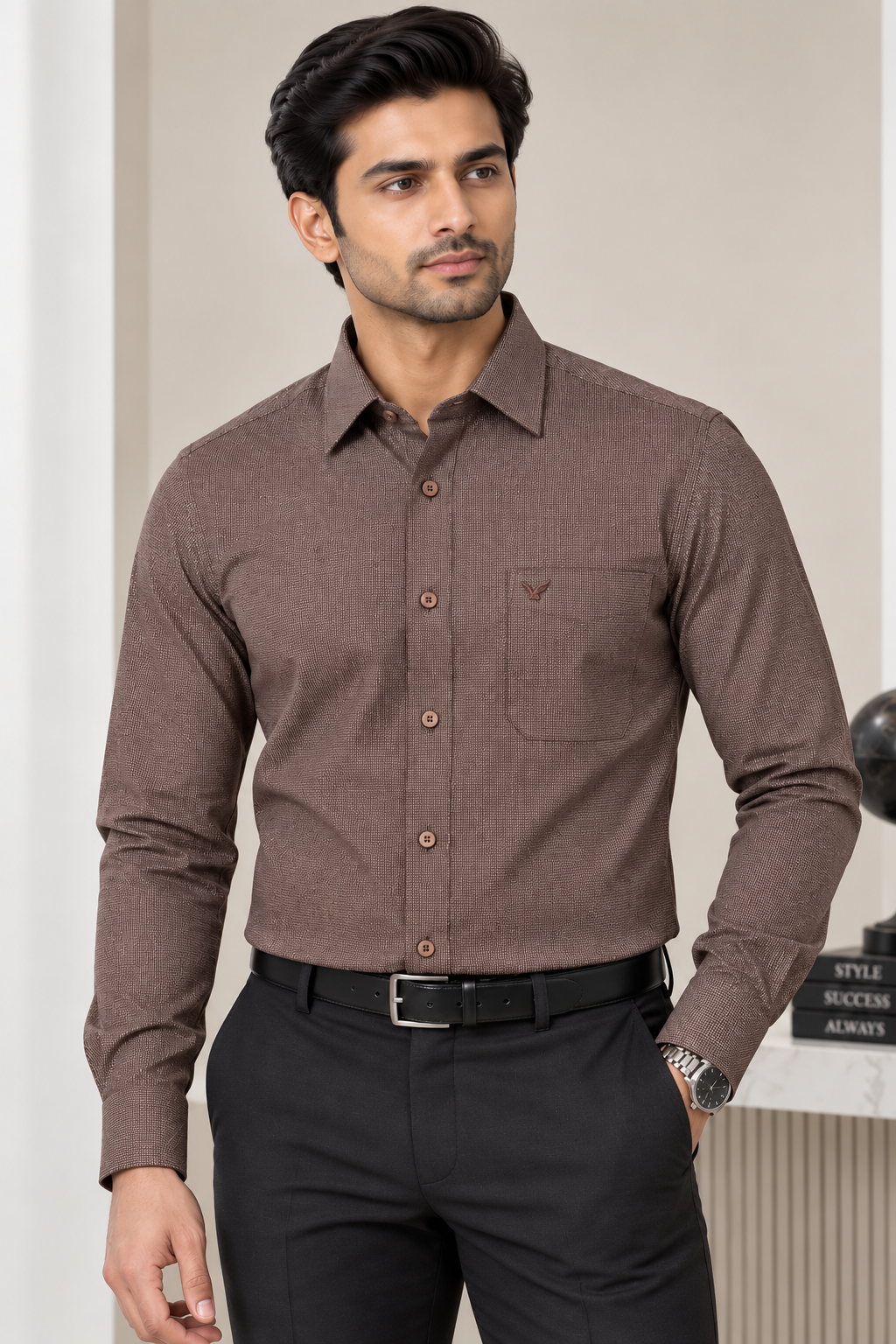 Blackberrys Mocha Brown Textured Shirt for Men | Full Sleeve Formal Shirt