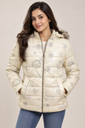 Women’s Cream Printed Puffer Jacket | Hooded Full Sleeve Quilted Winter Jacket with Faux Fur Trim & Front Zip | Warm Casual Outerwear