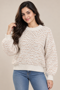 Women’s Cream Textured Knit Sweater | Round Neck Full Sleeve Pullover | Cozy Casual Winter Wear Top
