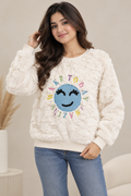Women’s Cream Fuzzy Pullover Sweatshirt | Cute Smiley Embroidered Winter Top | Full Sleeve Soft Teddy Fleece Casual Sweater
