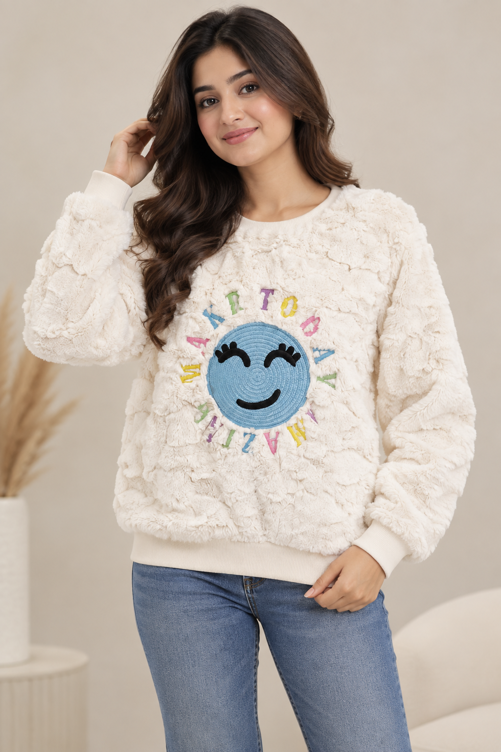 Women’s Cream Fuzzy Pullover Sweatshirt | Cute Smiley Embroidered Winter Top | Full Sleeve Soft Teddy Fleece Casual Sweater