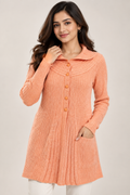 Women’s Peach Longline Knitted Cardigan | Button-Down Collared Full Sleeve Sweater with Pockets | Winter Casual Wear