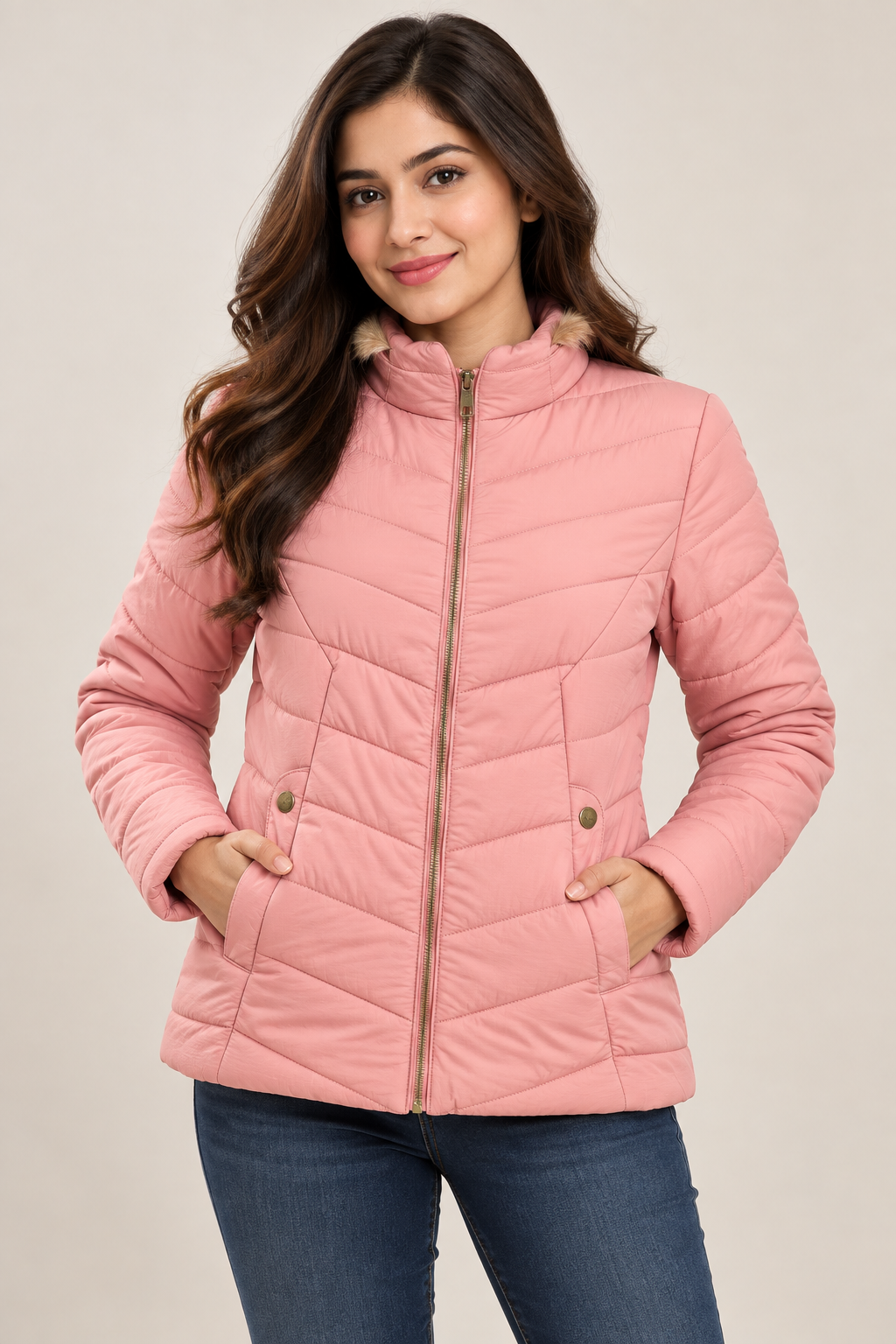 Women’s Pink Quilted Puffer Jacket | Full Sleeve Zip-Up Winter Jacket with High Neck & Side Pockets | Warm Casual Outerwear