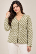 Women’s Olive Green Printed Cardigan | V-Neck Button-Down Long Sleeve Knit Cardigan for Casual & Smart Wear