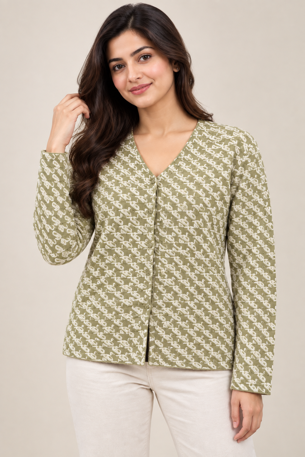 Women’s Olive Green Printed Cardigan | V-Neck Button-Down Long Sleeve Knit Cardigan for Casual & Smart Wear