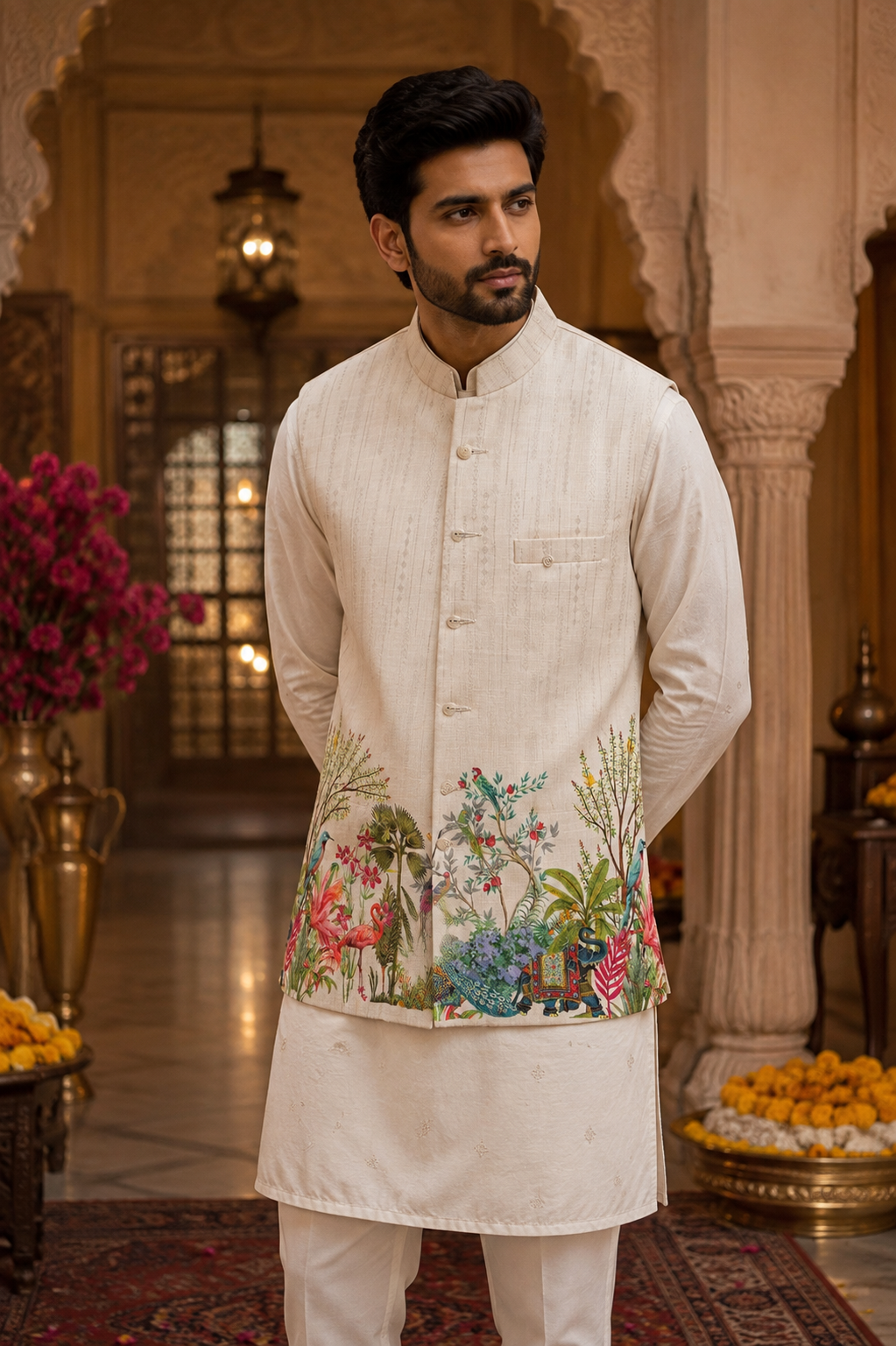 Ivory Floral Printed Nehru Jacket with Kurta & Pajama Set