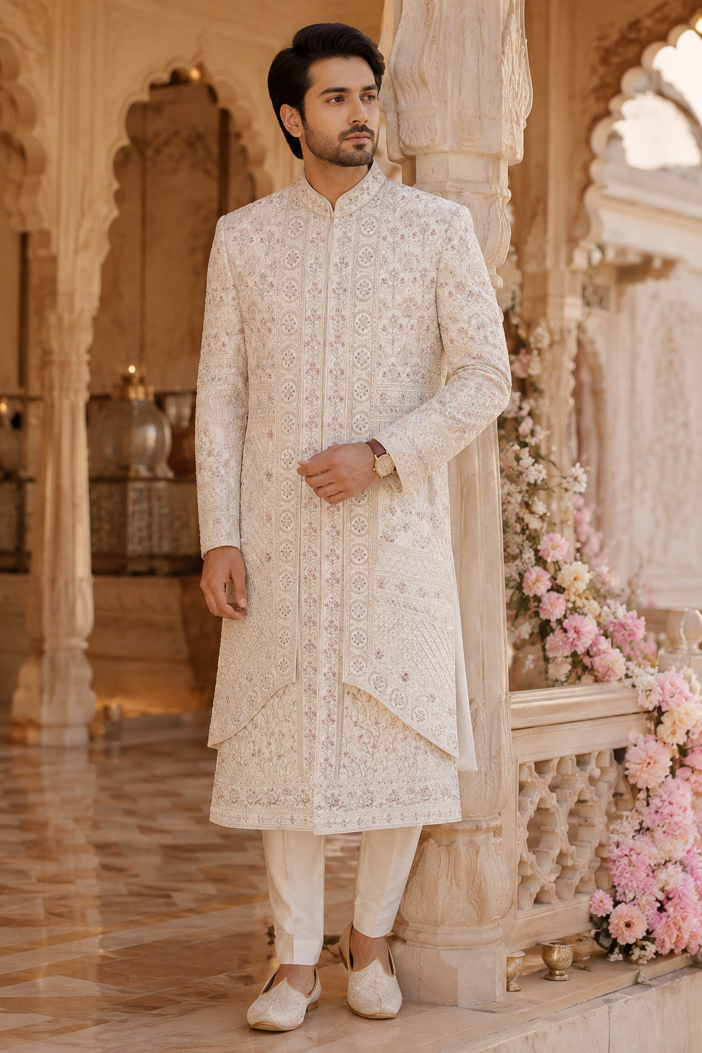 Ivory Embroidered Sherwani for Men | Designer Wedding Wear