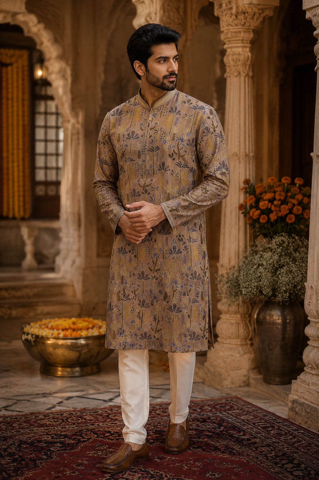 Taupe Floral Printed Kurta for Men | Designer Ethnic Wear