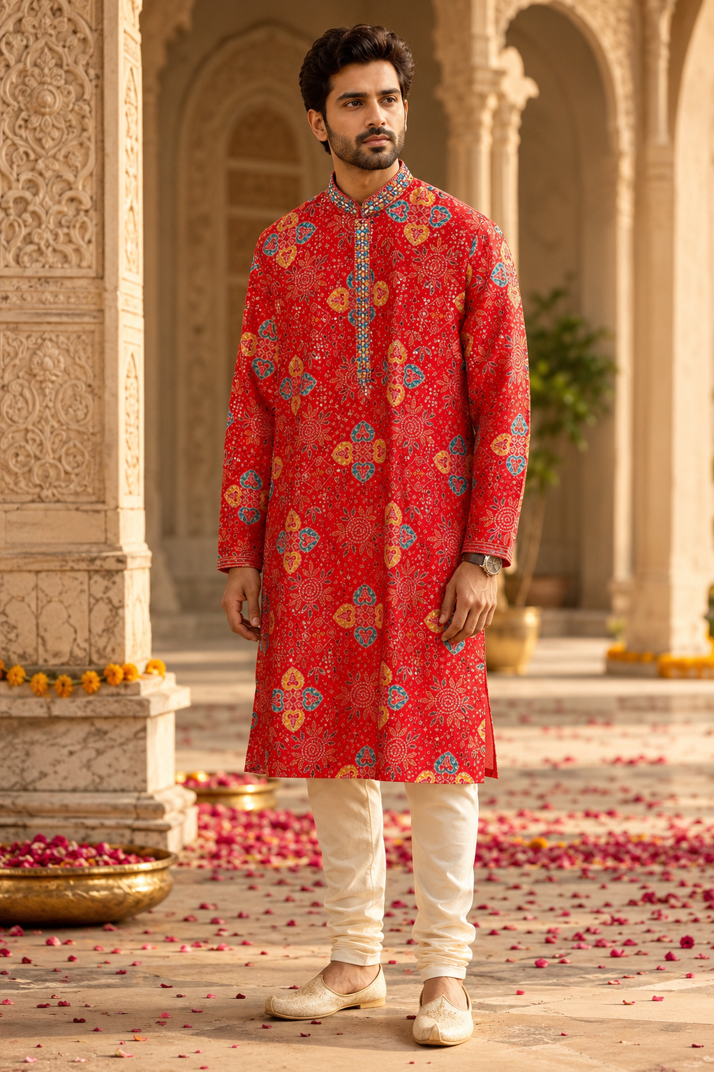Red Bandhani Printed Designer Kurta for Men | Designer Festive Wear