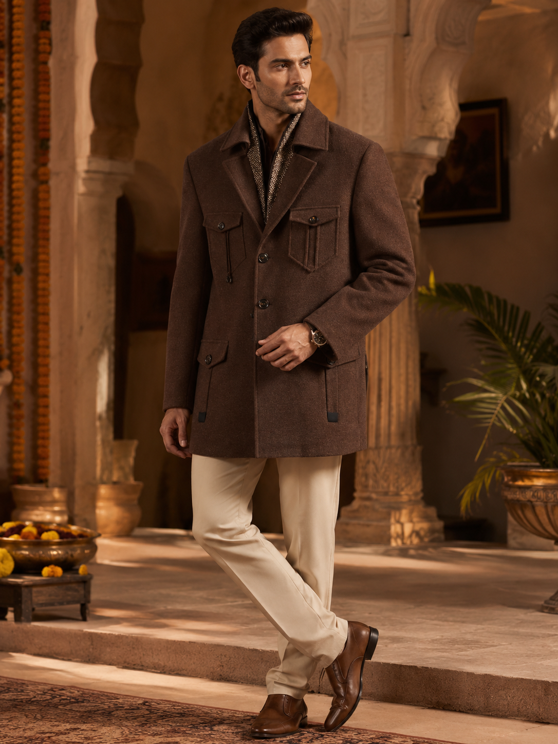 Chocolate Brown Textured Safari Jacket for Men | Designer Occasion Wear