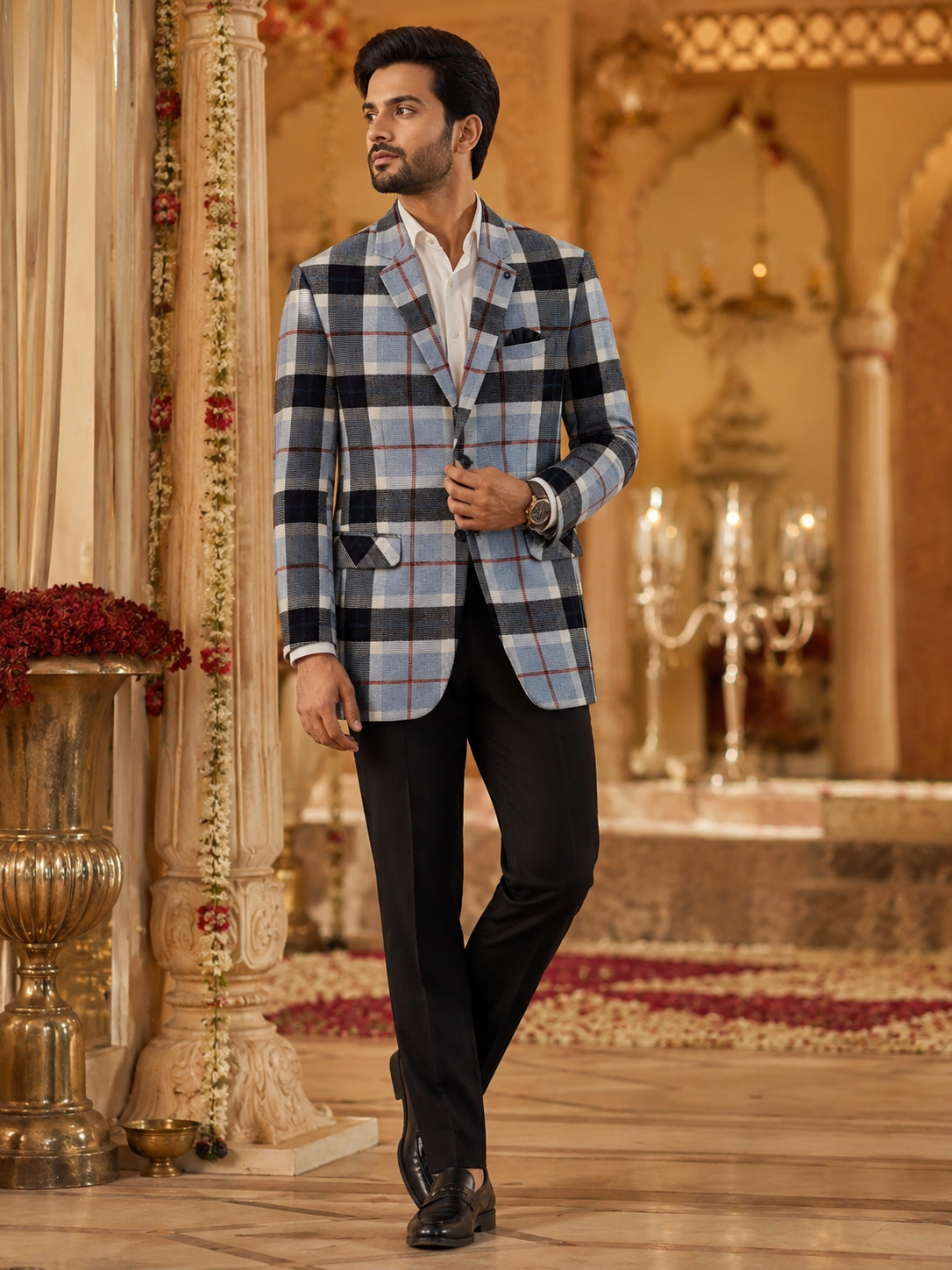 Grey & Navy Checked Designer Blazer for Men