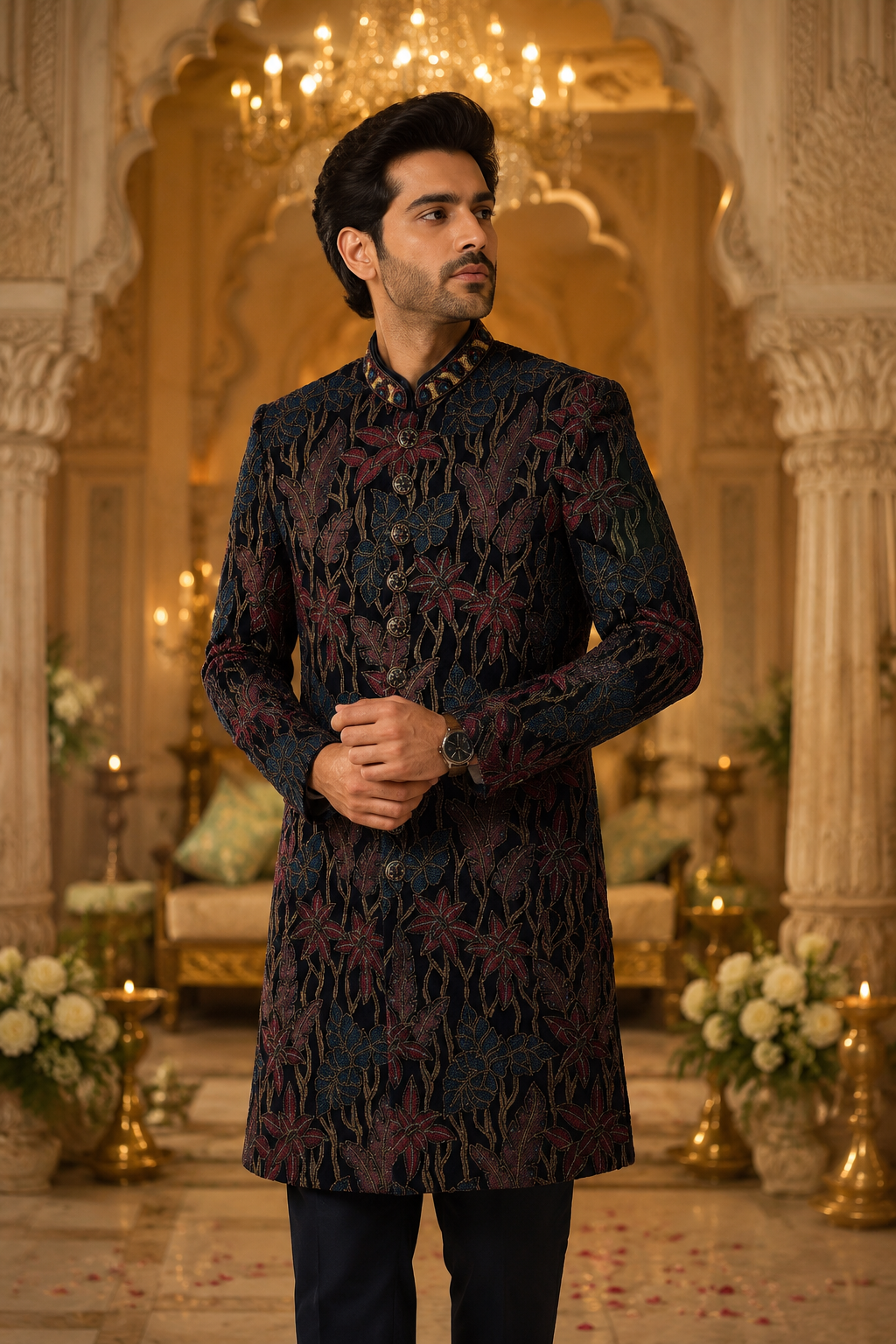 Midnight Navy Floral Embroidered Designer Sherwani for Men | Designer Wear