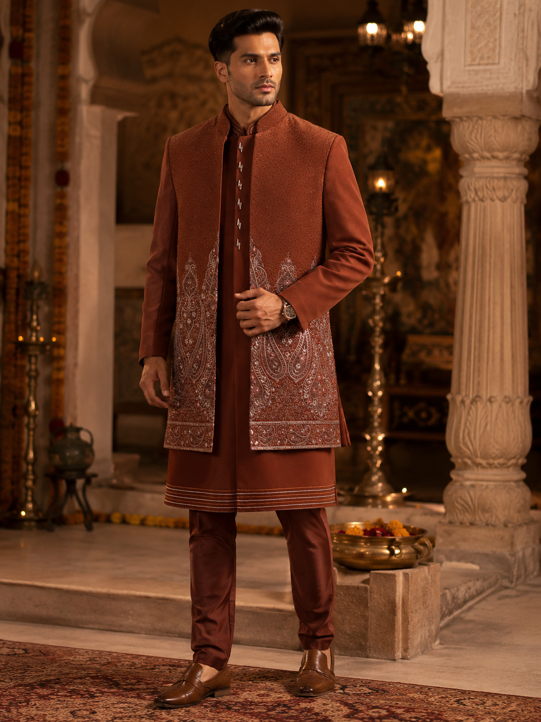 Rust Brown Embroidered Indo Western Set for Men| Wedding Wear