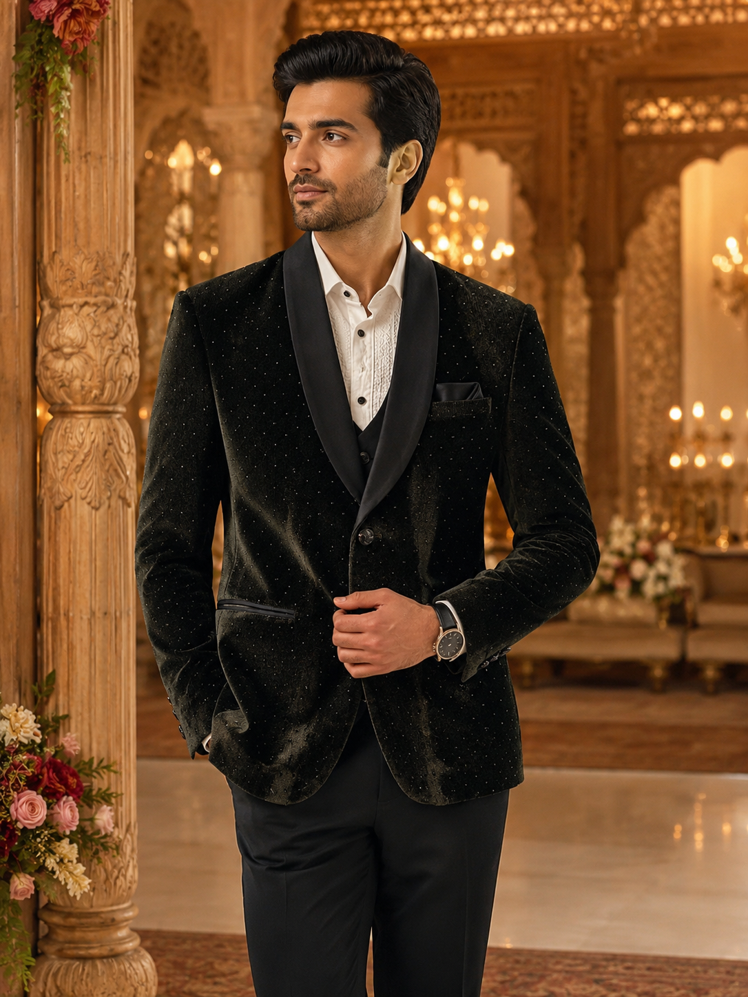 Black Velvet Tuxedo Suit with Shawl Lapel for Men | Designer Formal Wear