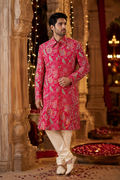 Hot Pink Floral Printed Designer Kurta for Men| Designer Festive Wear