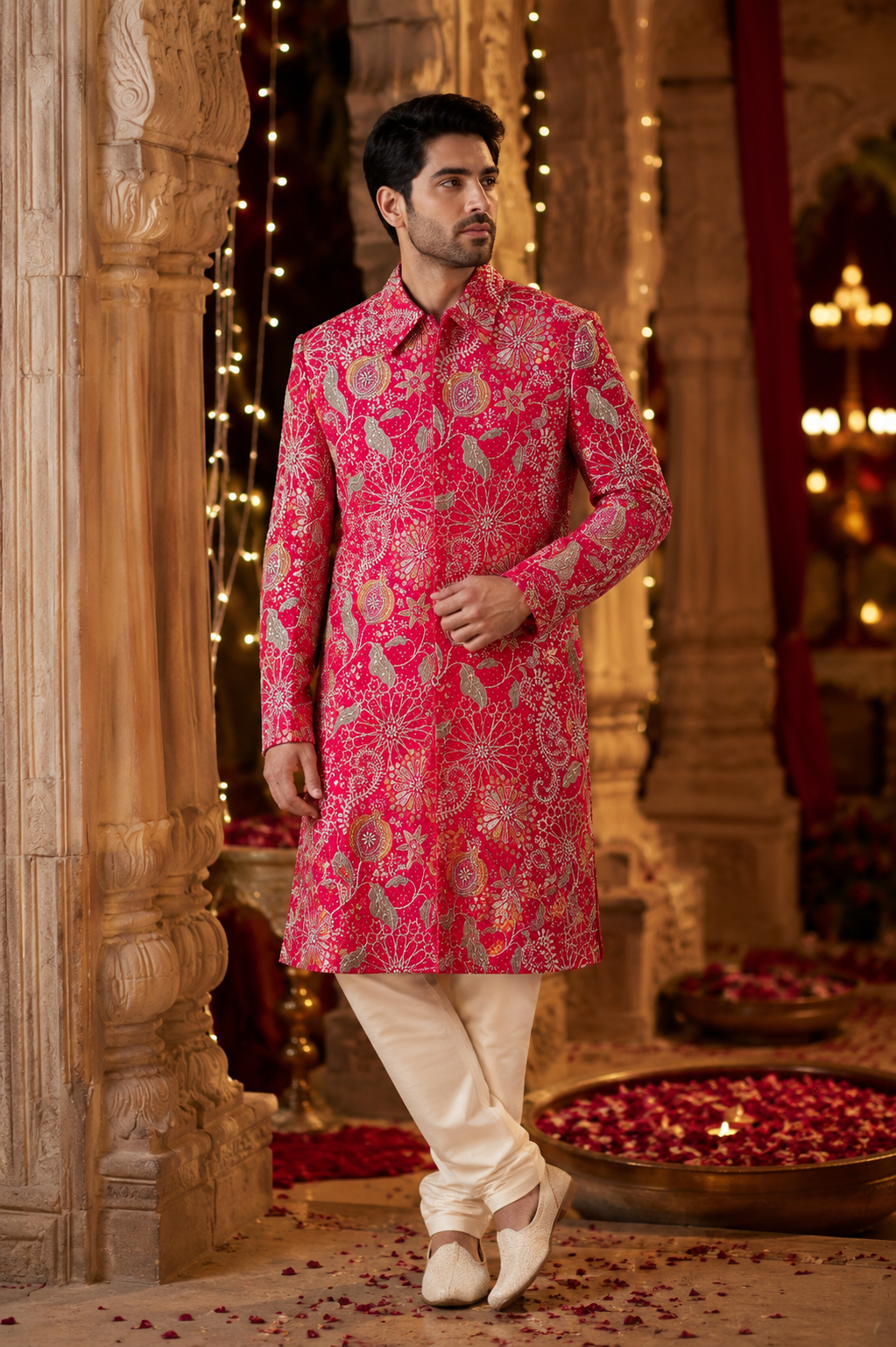 Hot Pink Floral Printed Designer Kurta for Men| Designer Festive Wear
