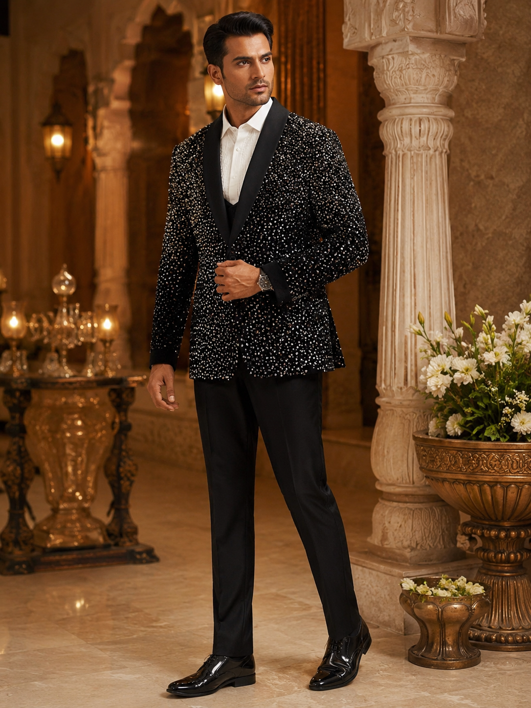 Black Sequin Tuxedo Suit for Men | Designer Party & Wedding Wear