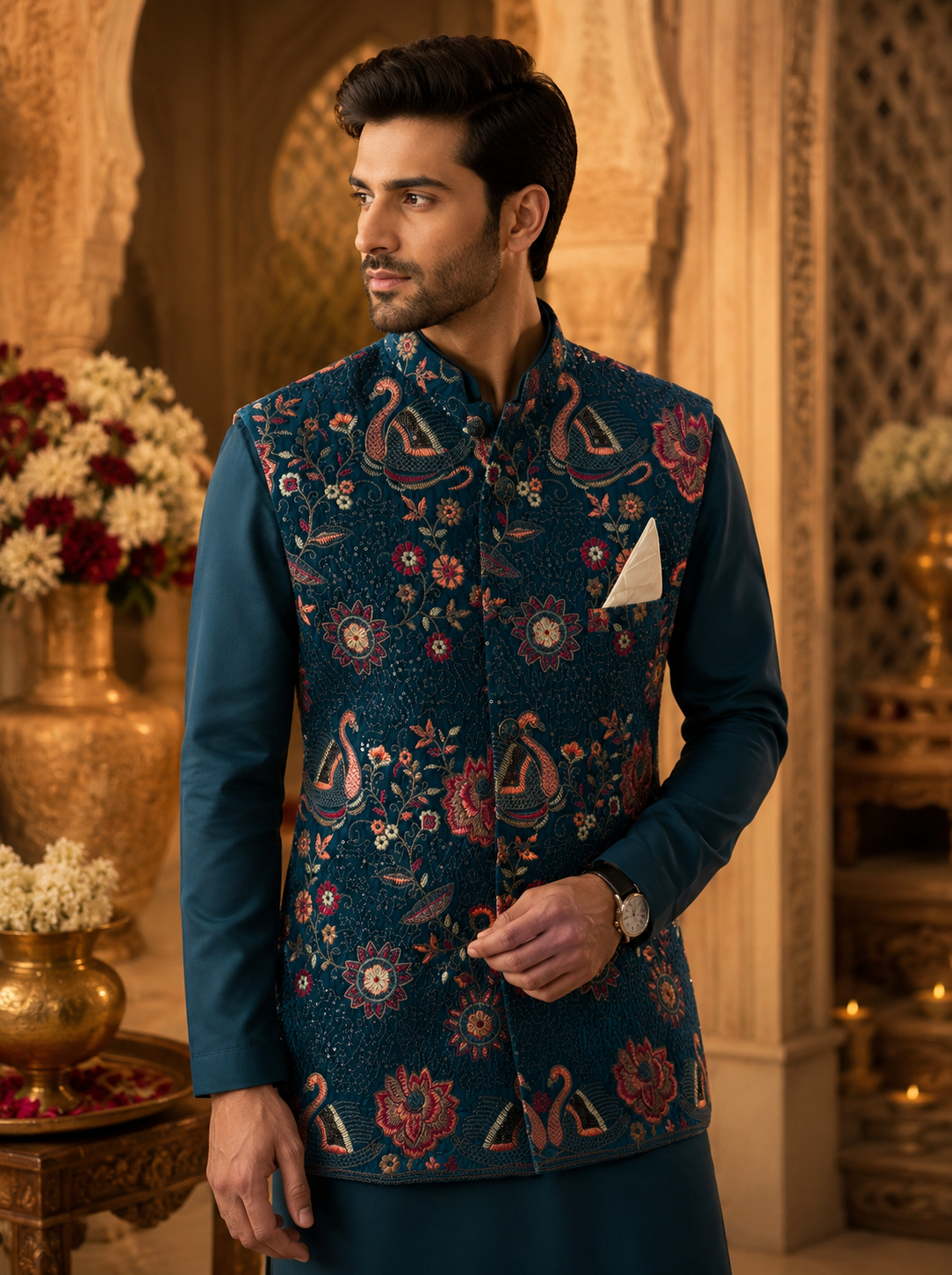 Teal Blue Paisley Embroidered Indo Western Jacket for Men