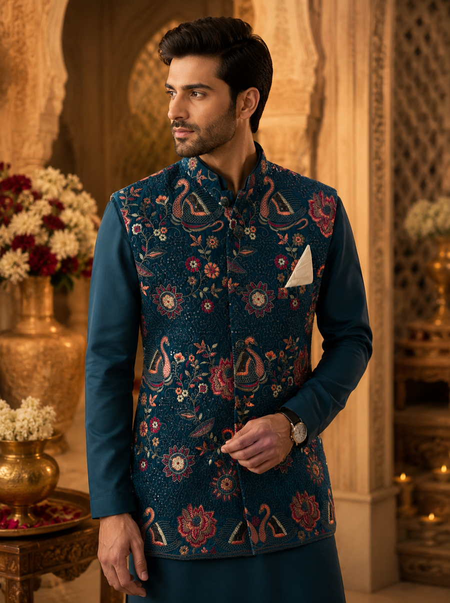 Teal Blue Paisley Embroidered Indo Western Jacket for Men