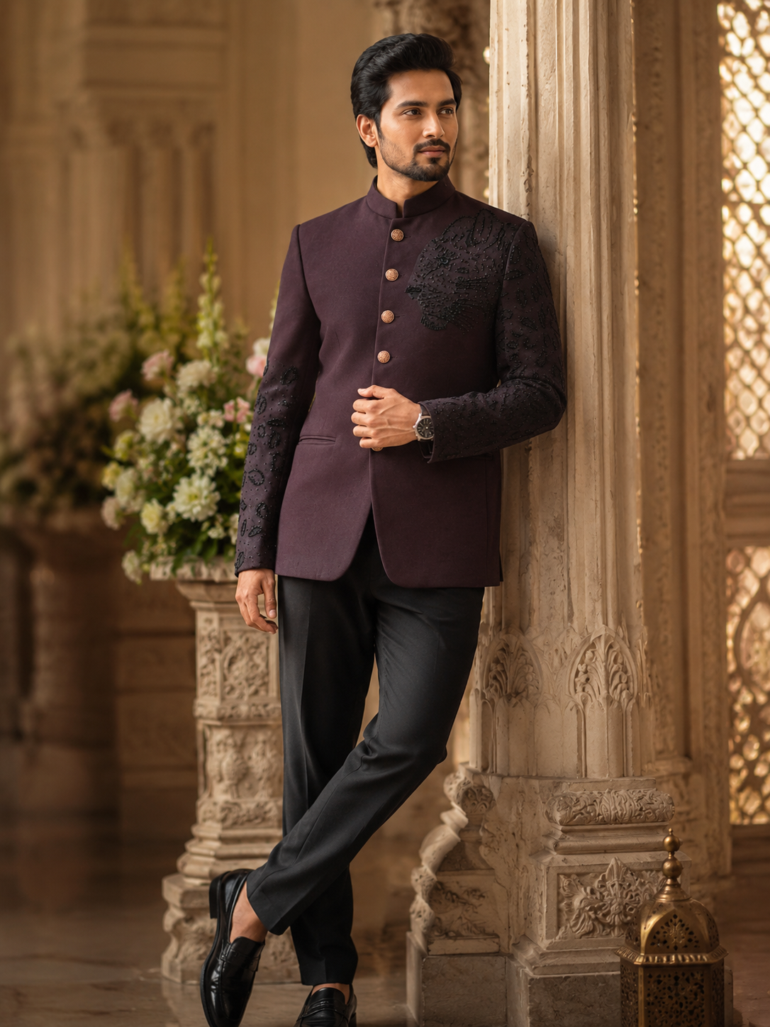 Plum Embroidered Bandhgala Suit for Men | Designer Wedding Wear