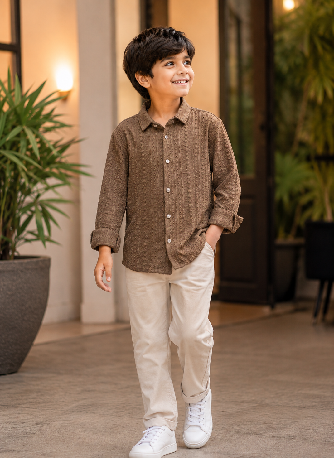 Brown Textured Full-Sleeve Shirt for Boys | Kids Casual Wear