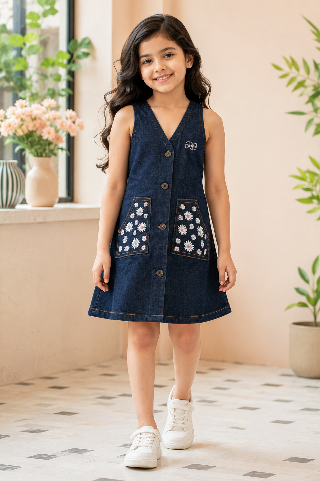 Girls’ Dark Blue Denim Dress with Floral Pockets