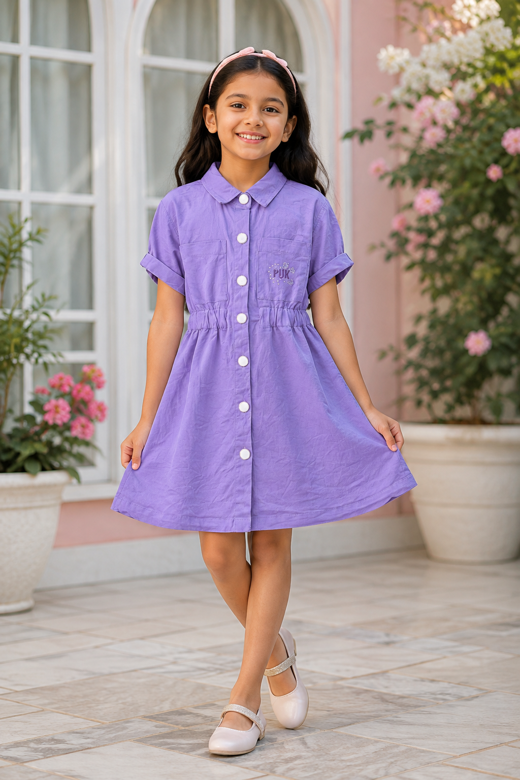 Girls’ Lavender Shirt Dress with Cinched Waist